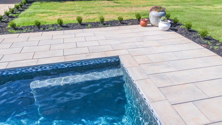 Pool with steps and patio, surrounded by grass and landscaping.