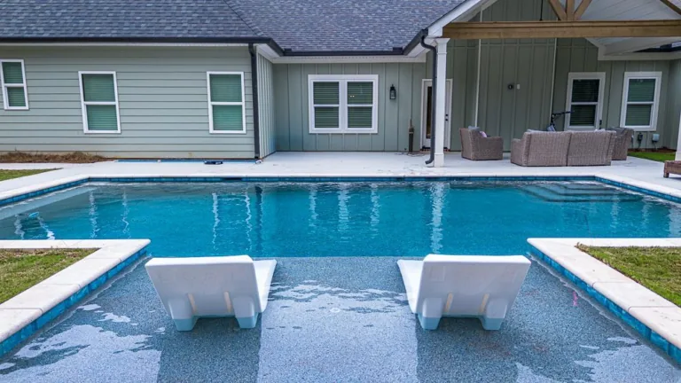 Two white in-pool lounge chairs face away from the viewer in a blue tiled pool. Green grass surrounds the pool.