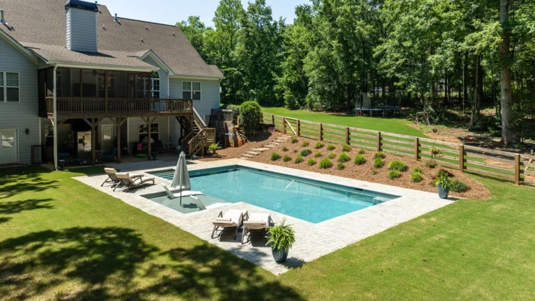 Backyard patio with a rectangular swimming pool beside a house, lounge chairs, and landscaped lawn.